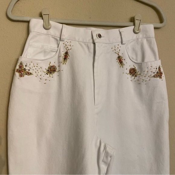 Vintage PRIVATA Beaded Insects Bugs Butterflies White Denim Jeans Size 8 - Picture 6 of 16